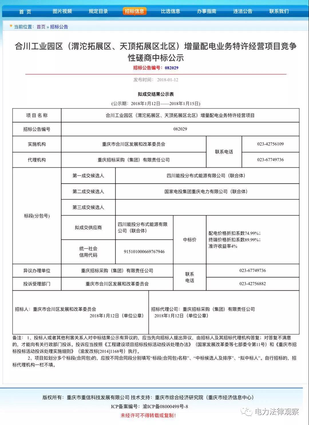 重慶合川增量配電項目優(yōu)選結果，配電價下降25%，終端電價下降10%