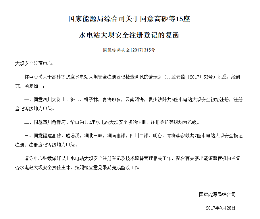 國(guó)家能源局綜合司關(guān)于同意高砂等15座 水電站大壩安全注冊(cè)登記的復(fù)函