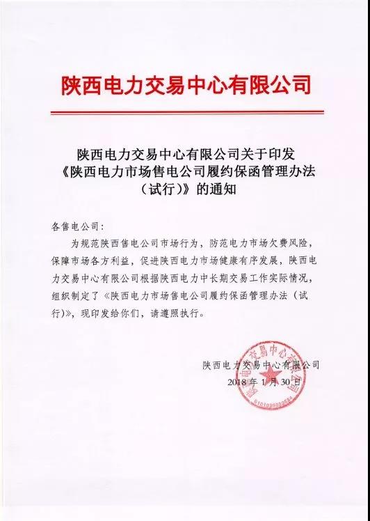 陜西電力市場售電公司履約保函管理辦法(試行):履約保函100萬起步