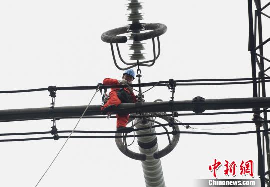 圖為電力工人在70多米高空作業(yè)，為特高壓復(fù)奉線重慶段進(jìn)行八年來首次大修。　周毅 攝