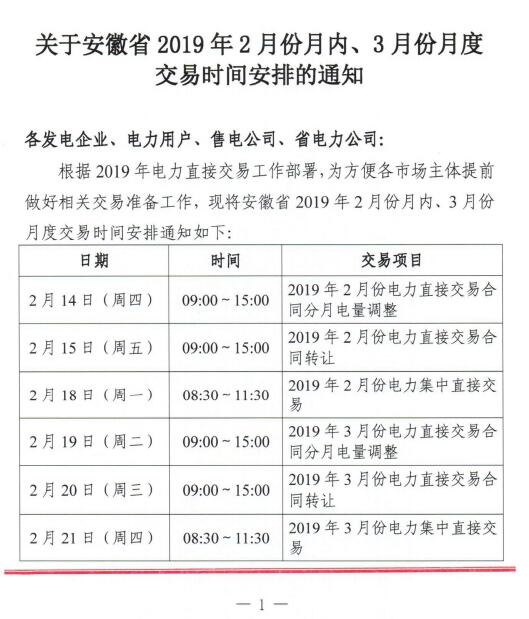  安徽2019年2月份月內(nèi)、3月份月度交易時間安排