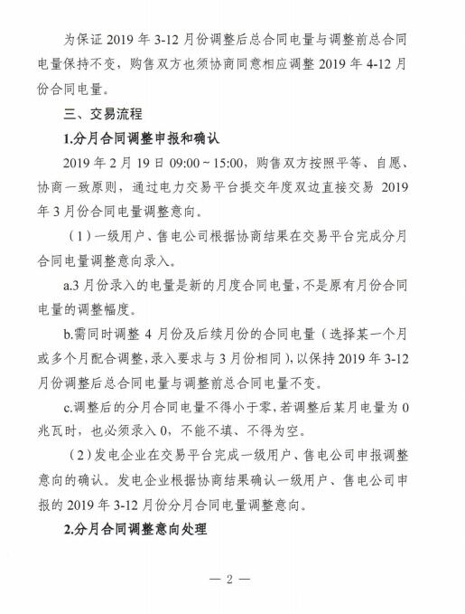 安徽2019年3月電力直接交易合同分月電量調(diào)整2月19日展開