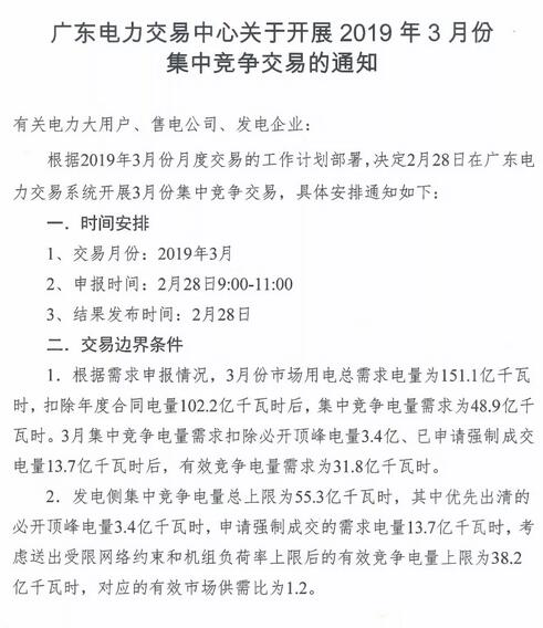 廣東2019年3月集中競爭交易:電量需求31.8億千瓦時