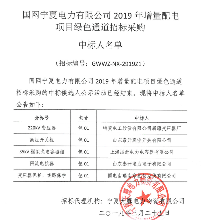 國(guó)網(wǎng)寧夏2019年增量配電項(xiàng)目綠色通道中標(biāo)人名單